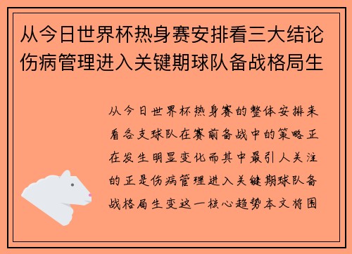 从今日世界杯热身赛安排看三大结论伤病管理进入关键期球队备战格局生变